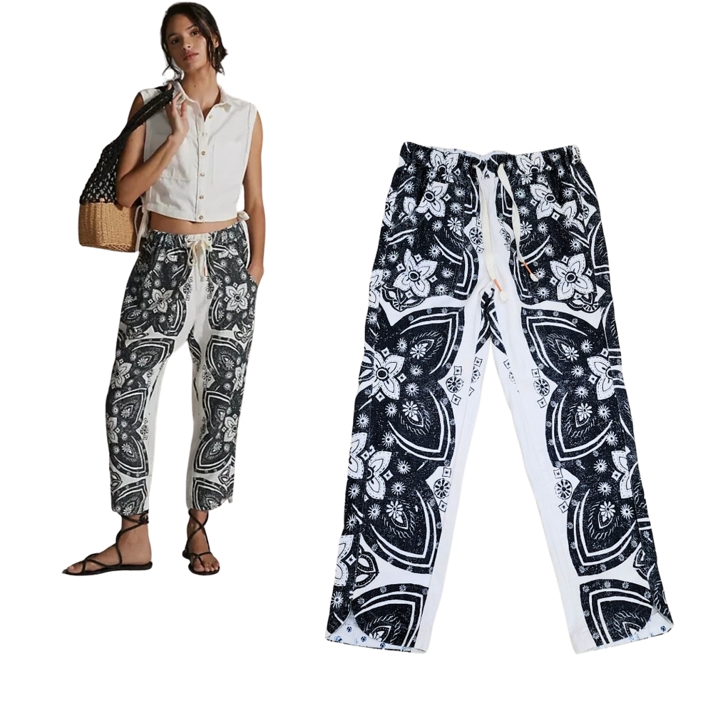 Pilcro Surf Linen Paisley Pants Women’s XS Anthropologie Drawstring‎ Black White - Picture 2 of 10